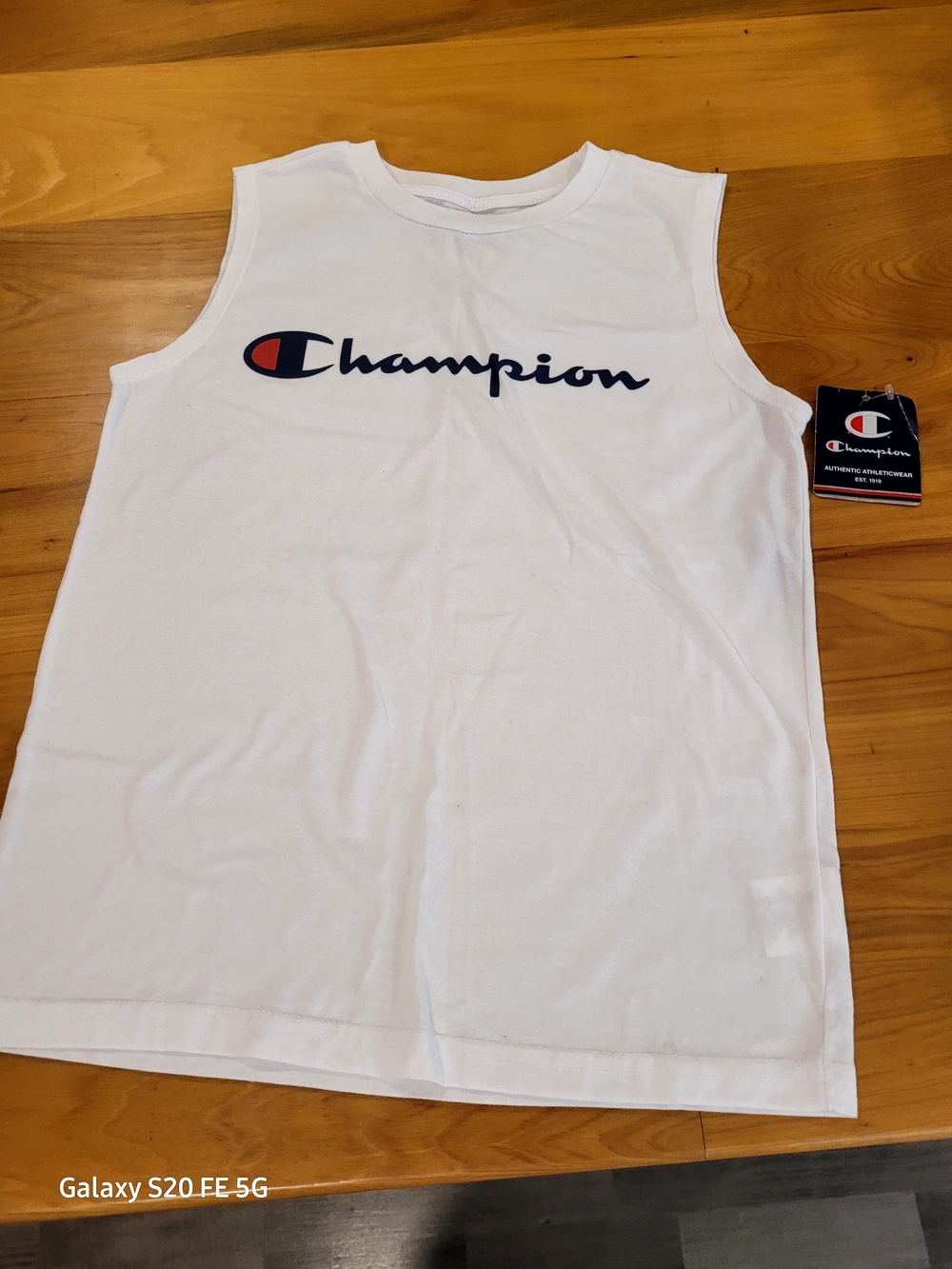 Champion White Tank with Navy and Red Logo